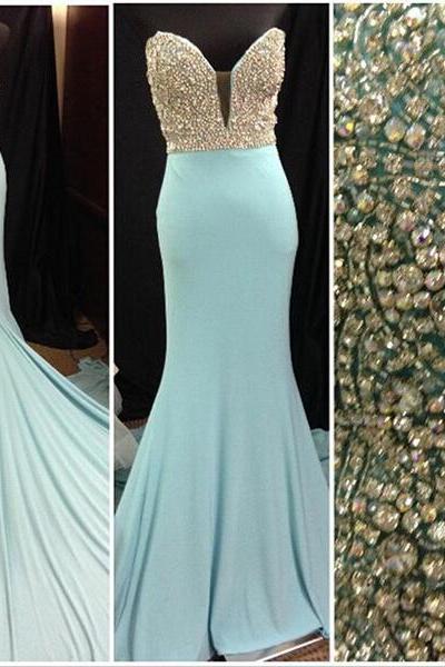 Mermaid Prom Dresses,Beaded Prom Dresses,Blue Prom Dresses,Sweep Train Prom DressesEvening Dresses,Custom Made Prom Dress,Party Dresses